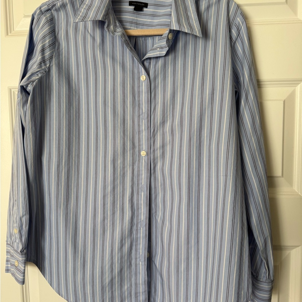 Ann Taylor Blue and White Striped Button-Down Shirt